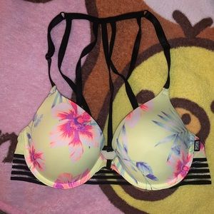 VS PINK Tropical Neon Yellow Floral Strappy Back Front Close Push-Up Bra